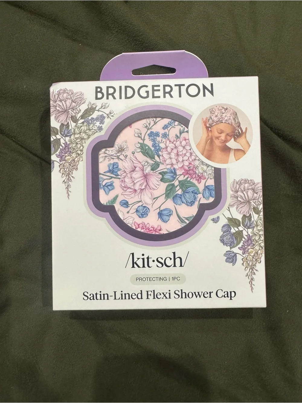 Kitsch Bridgerton Floral Satin-Lined Flexi Shower Cap — Pink & Purple